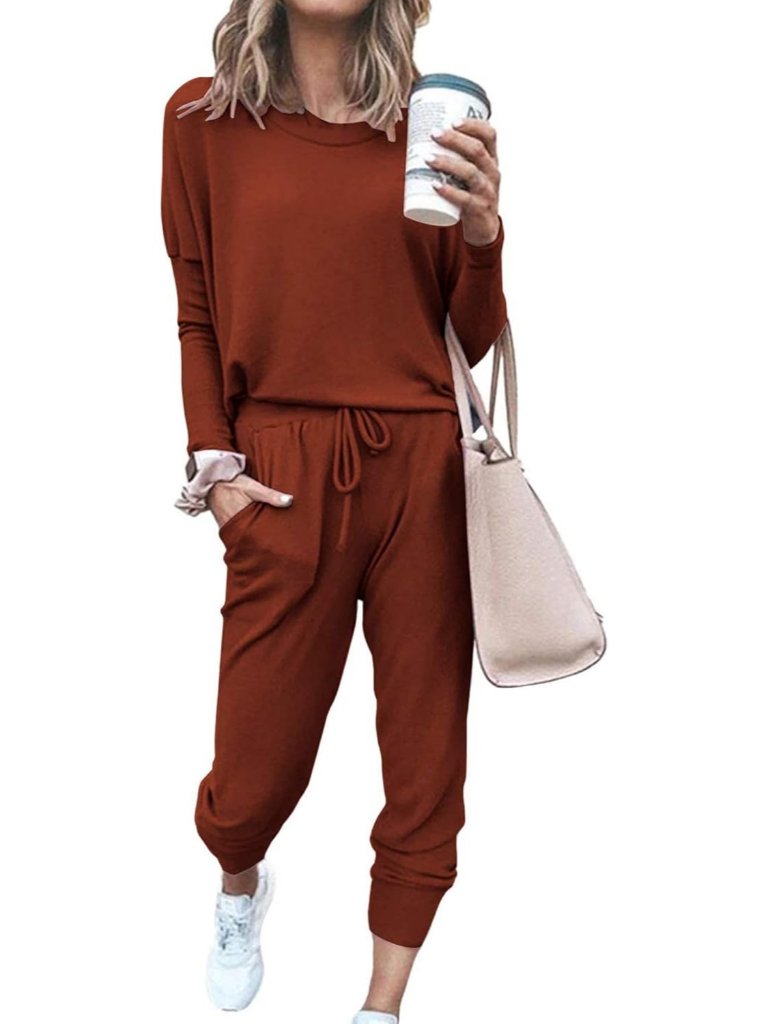 Women's 2 Piece Sets Brick Red Sweatsuits Casual Long Sleeve Sweatpants Fall